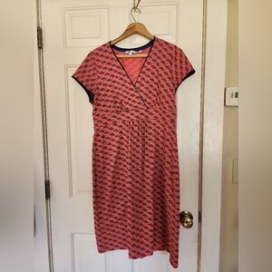 Boden Size 12 Midi Dress Sunset Parasol Print Coral&navy Short Sleeve Summer